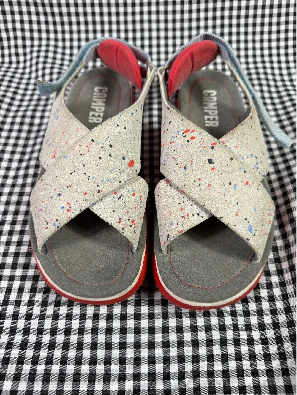 Camper Oruga Sandals Womens 7.5 EU 38 Gray Speckled Leather Red Sport Slingback